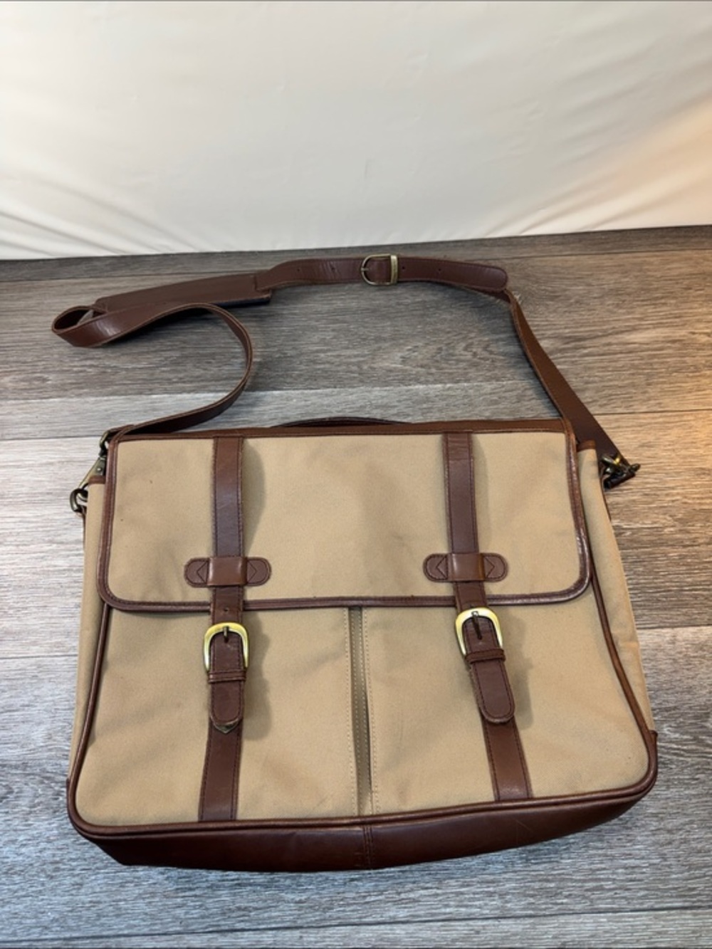 Eddie Bauer Tan Canvas Messenger Bag with Brown Leather Trim